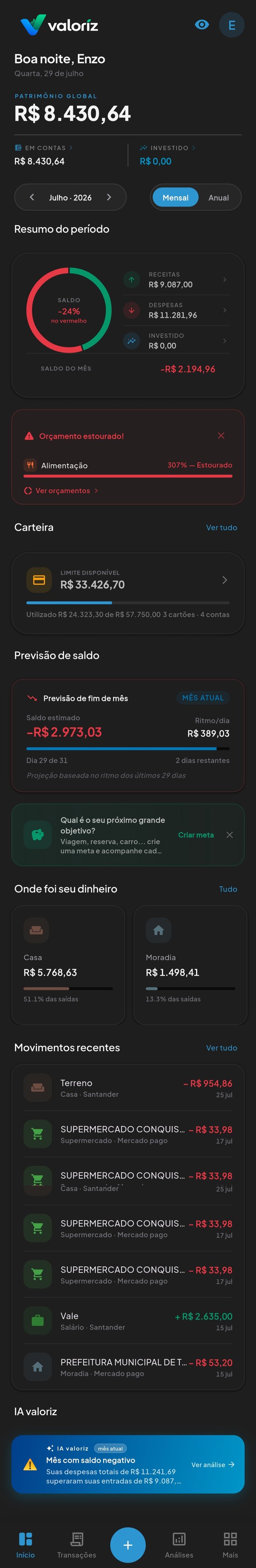 Dashboard do valoriz com saldo, resumo do mês e movimentos recentes