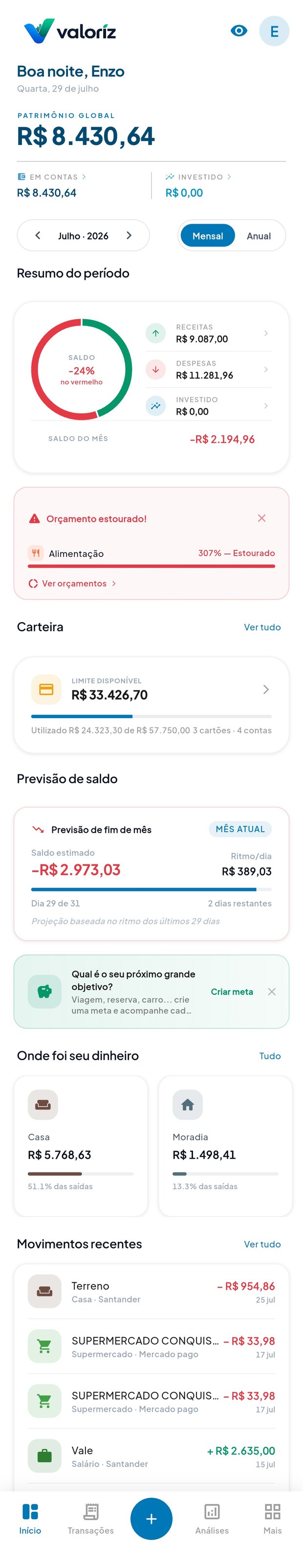Dashboard do valoriz com saldo, resumo do mês e movimentos recentes